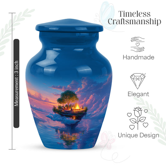 Royal Blue Campfire Cremation Urn close-up of engraving and surface detail - traditional campfire engraving with hand-polished finish - mini keepsake memorial for portion of cremation ashes