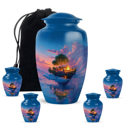 Slate Blue Campfire Cremation Urn top-down view of secure threaded lid - timeless campfire motif etched into premium metal - memorial set with one large and four small urns
