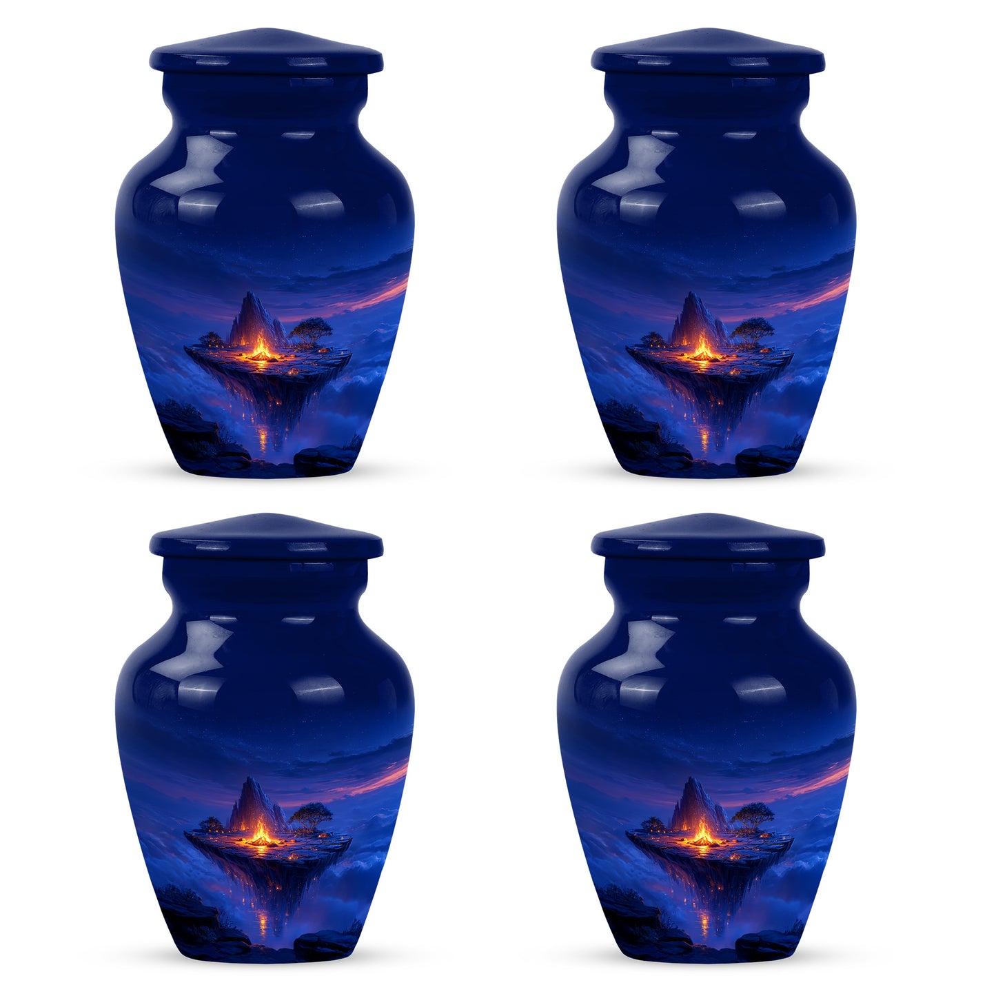 Navy Blue Campfire Cremation Urn side profile showing urn shape - classic sculpted campfire pattern on smooth aluminum - 10 inch aluminum urn for cremated remains