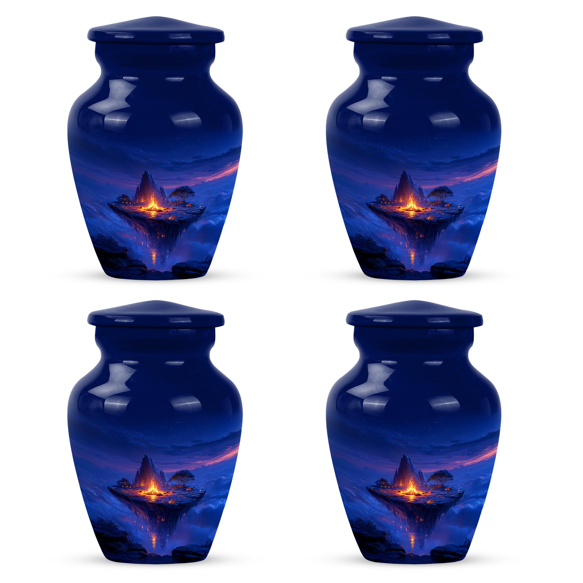Navy Blue Campfire Cremation Urn side profile showing urn shape - classic sculpted campfire pattern on smooth aluminum - 10 inch aluminum urn for cremated remains