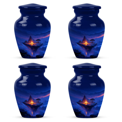 Navy Blue Campfire Cremation Urn side profile showing urn shape - classic sculpted campfire pattern on smooth aluminum - 10 inch aluminum urn for cremated remains