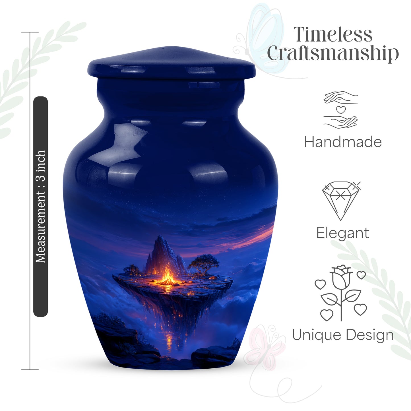 Cornflower Blue Campfire Cremation Urn close-up of engraving and surface detail - elegant classic campfire relief with fine detailing - mini keepsake memorial for portion of cremation ashes