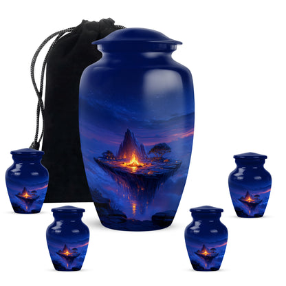 Azure Campfire Cremation Urn top-down view of secure threaded lid - timeless campfire motif etched into premium metal - memorial set with one large and four small urns