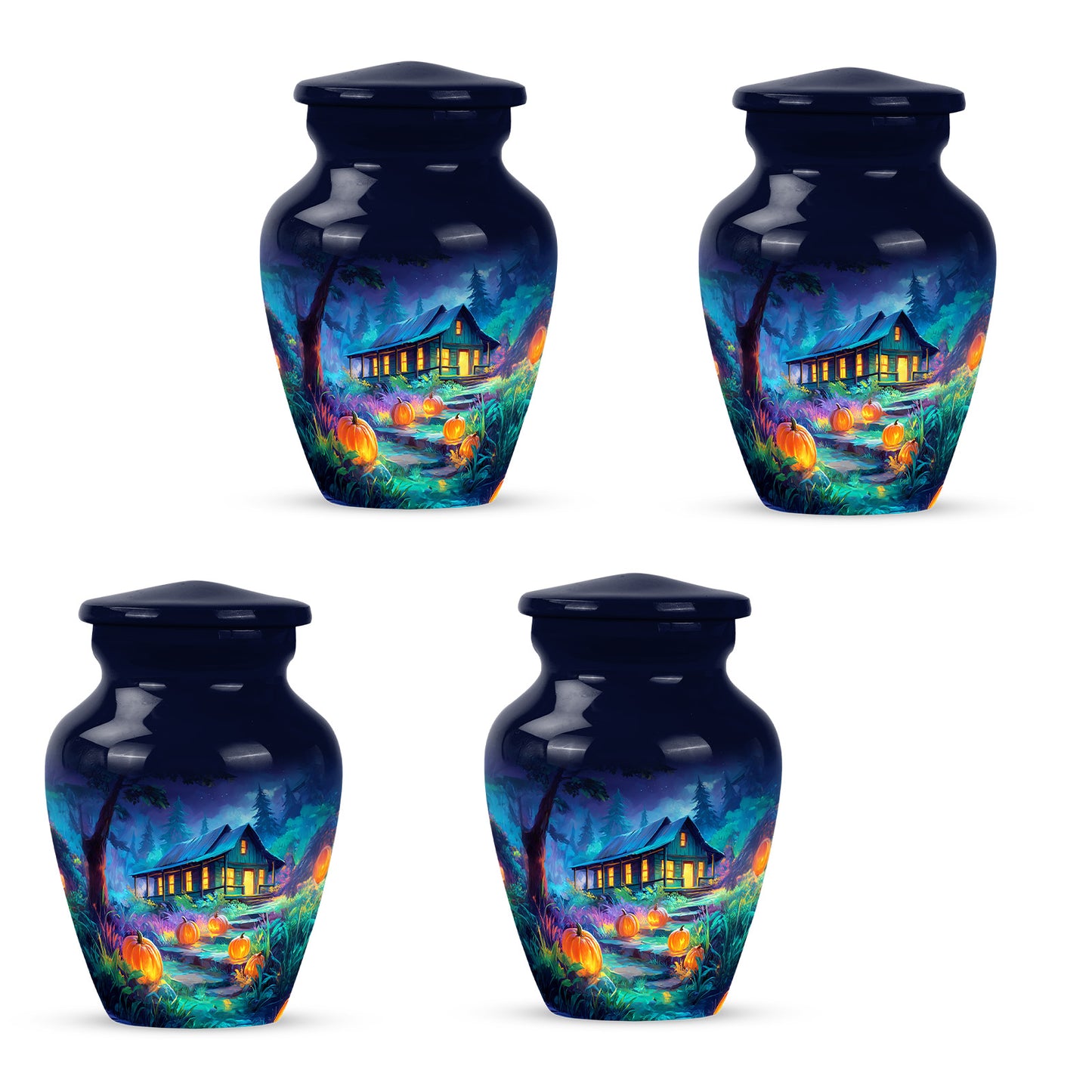 Sapphire Blue Halloween Cremation Urn side profile showing urn shape - traditional halloween engraving with hand-polished finish - 10 inch aluminum urn for cremated remains