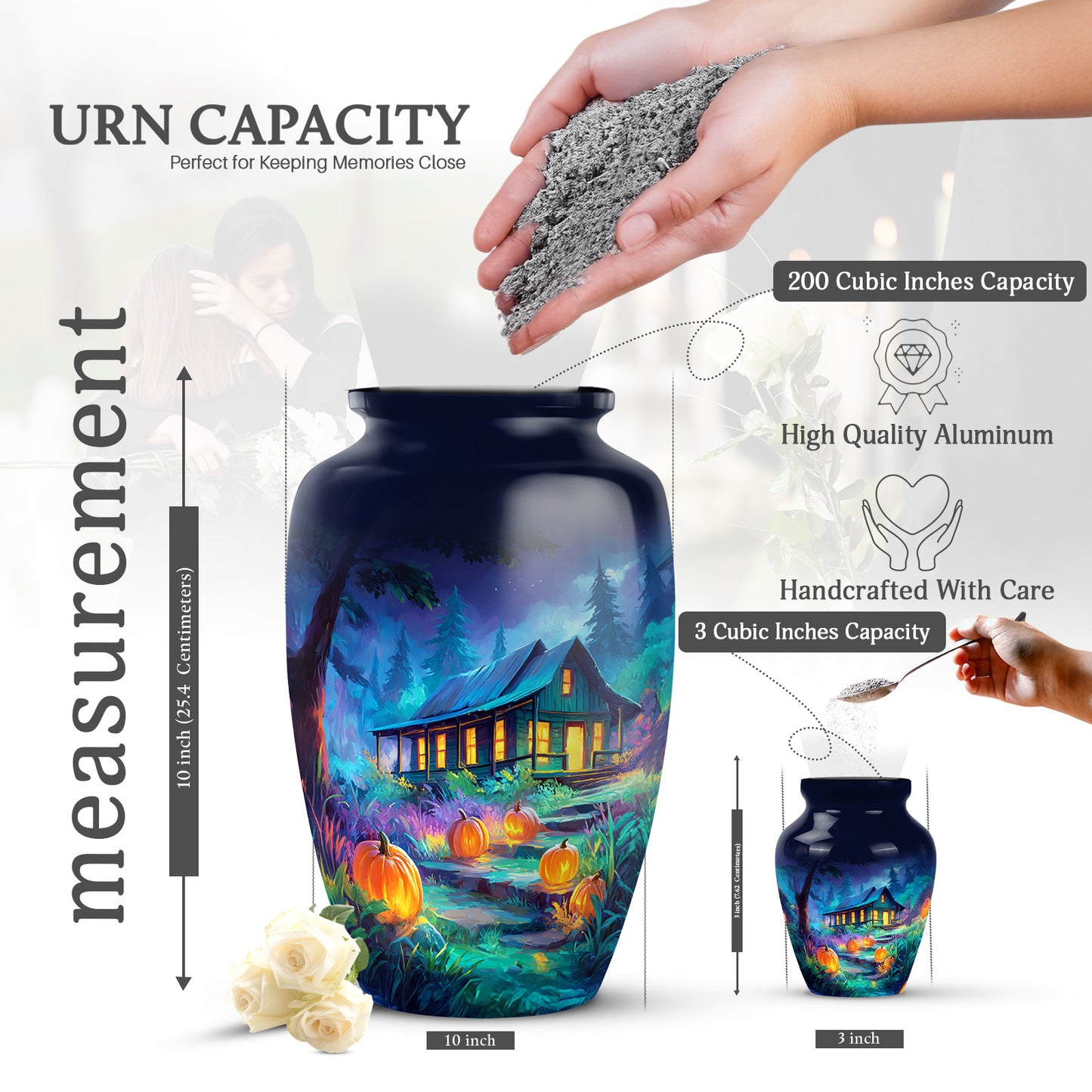 Serene Blue Halloween Cremation Urn close-up of engraving and surface detail - traditional halloween engraving with hand-polished finish - mini keepsake memorial for portion of cremation ashes