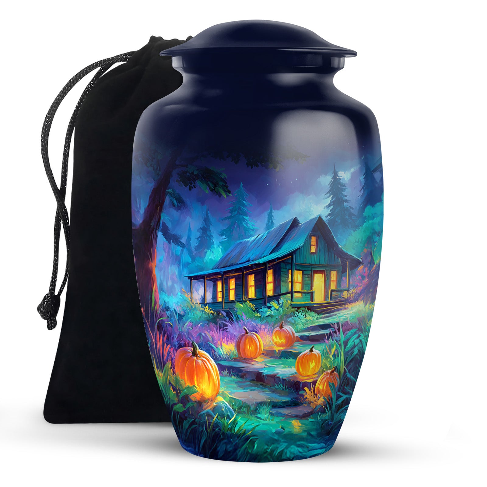 Misty Blue Halloween Cremation Urn angled view of lid and engraved motif - classic sculpted halloween pattern on smooth aluminum - full-size 10 inch 200 cubic inch adult cremation urn