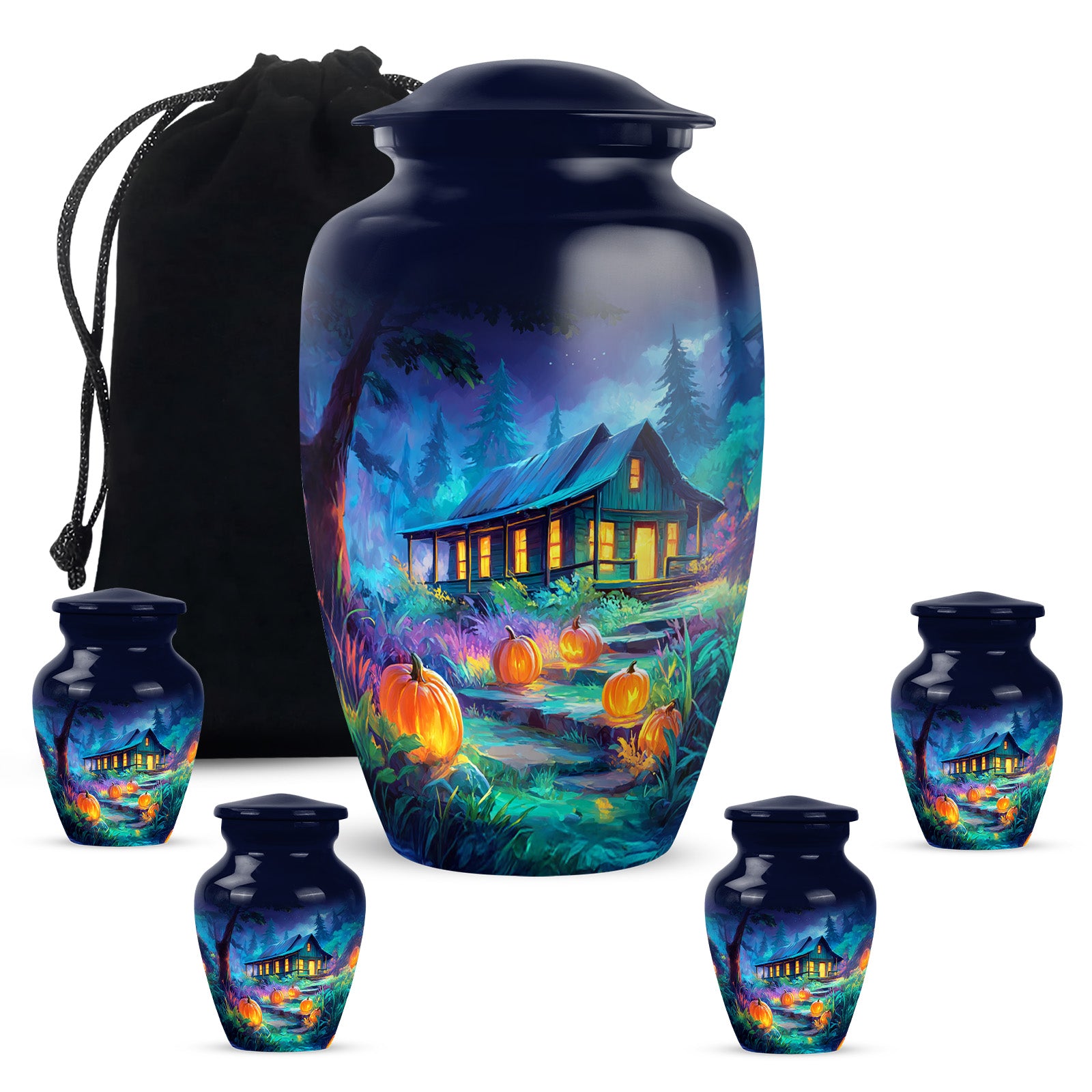Serene Blue Halloween Cremation Urn top-down view of secure threaded lid - elegant classic halloween relief with fine detailing - memorial set with one large and four small urns