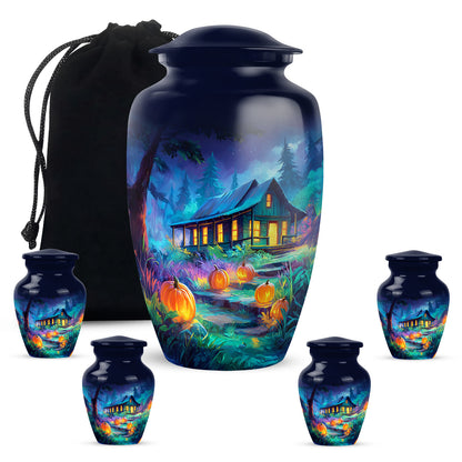 Serene Blue Halloween Cremation Urn top-down view of secure threaded lid - elegant classic halloween relief with fine detailing - memorial set with one large and four small urns