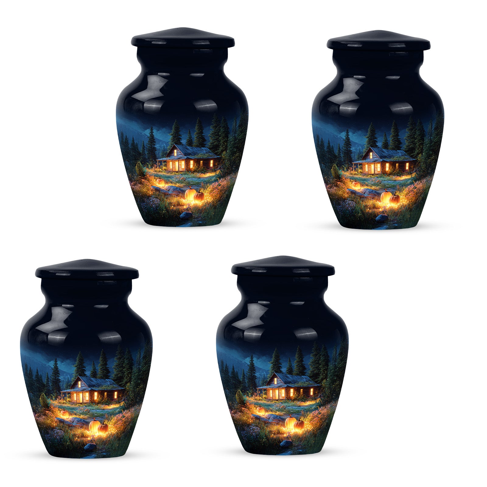 Calming Blue Halloween Cremation Urn side profile showing urn shape - elegant classic halloween relief with fine detailing - 10 inch aluminum urn for cremated remains
