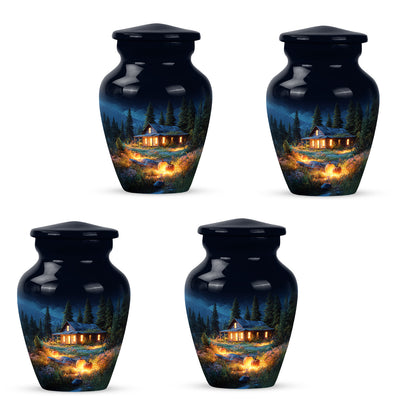 Calming Blue Halloween Cremation Urn side profile showing urn shape - elegant classic halloween relief with fine detailing - 10 inch aluminum urn for cremated remains