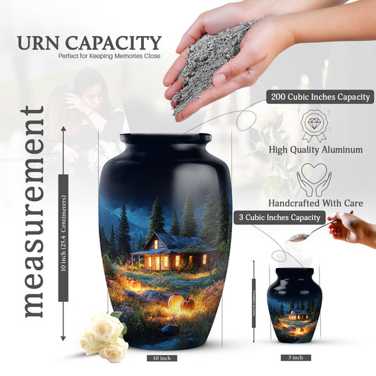 Twilight Blue Halloween Cremation Urn close-up of engraving and surface detail - traditional halloween engraving with hand-polished finish - mini keepsake memorial for portion of cremation ashes