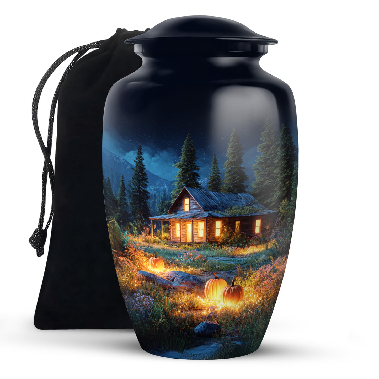 Cornflower Blue Halloween Cremation Urn angled view of lid and engraved motif - elegant classic halloween relief with fine detailing - full-size 10 inch 200 cubic inch adult cremation urn