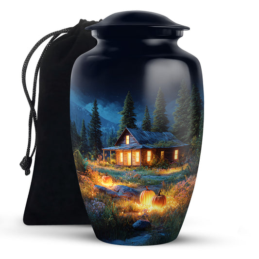 Cornflower Blue Halloween Cremation Urn angled view of lid and engraved motif - elegant classic halloween relief with fine detailing - full-size 10 inch 200 cubic inch adult cremation urn