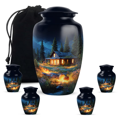 Royal Blue Halloween Cremation Urn top-down view of secure threaded lid - elegant classic halloween relief with fine detailing - memorial set with one large and four small urns