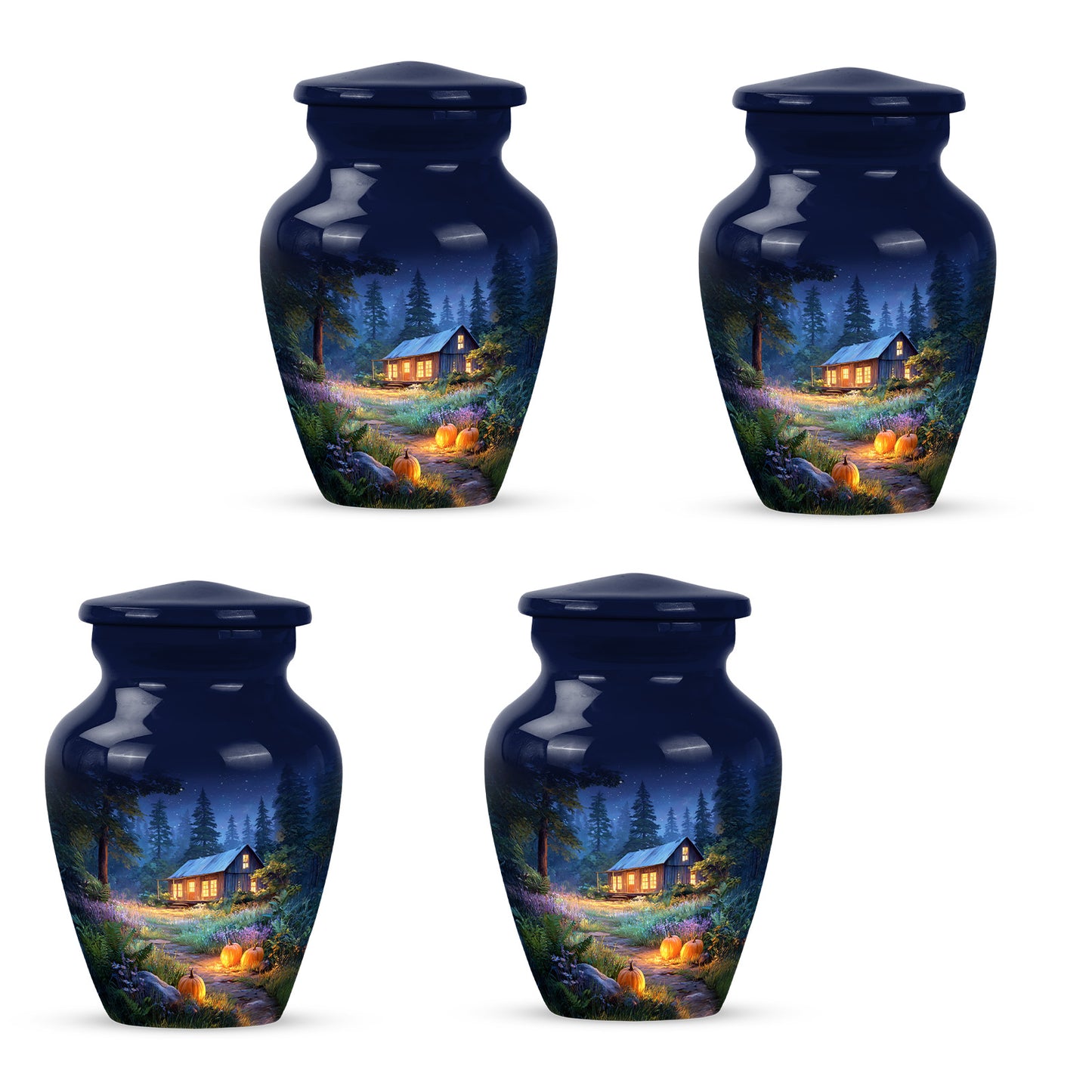 Steel Blue Halloween Cremation Urn side profile showing urn shape - elegant classic halloween relief with fine detailing - 10 inch aluminum urn for cremated remains