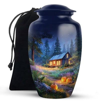 Celestial Blue Halloween Cremation Urn angled view of lid and engraved motif - classic sculpted halloween pattern on smooth aluminum - full-size 10 inch 200 cubic inch adult cremation urn
