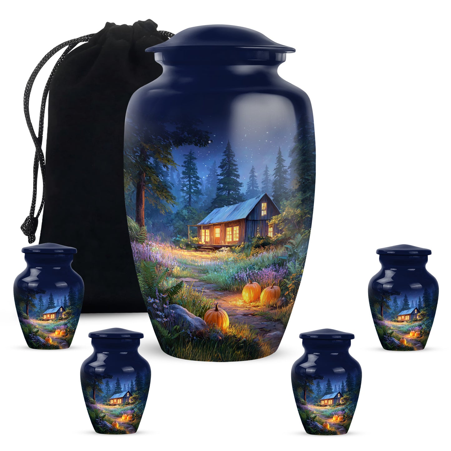 Royal Blue Halloween Cremation Urn top-down view of secure threaded lid - traditional halloween engraving with hand-polished finish - memorial set with one large and four small urns