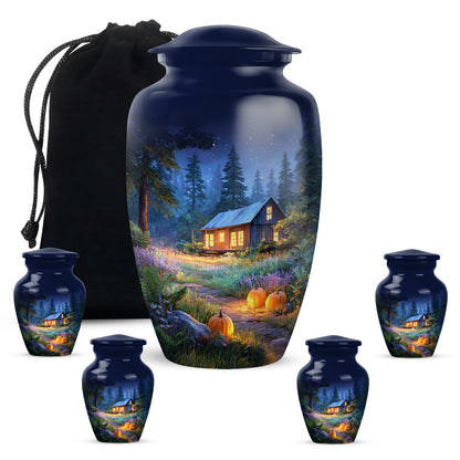 Royal Blue Halloween Cremation Urn top-down view of secure threaded lid - traditional halloween engraving with hand-polished finish - memorial set with one large and four small urns