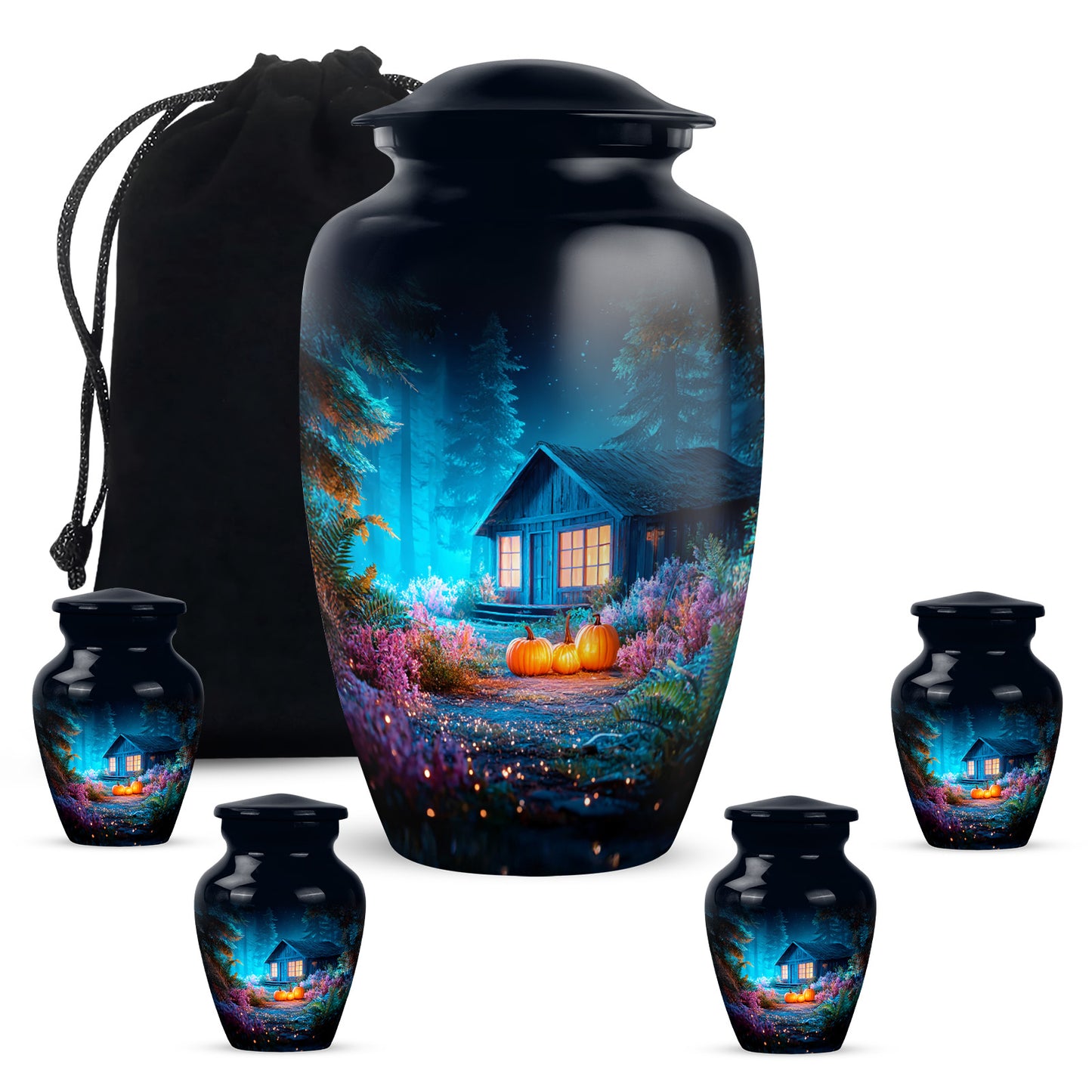 Vivid Blue Halloween Cremation Urn top-down view of secure threaded lid - elegant classic halloween relief with fine detailing - memorial set with one large and four small urns