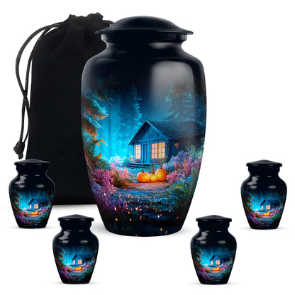 Vivid Blue Halloween Cremation Urn top-down view of secure threaded lid - elegant classic halloween relief with fine detailing - memorial set with one large and four small urns