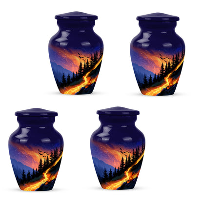 Bright Blue Halloween Cremation Urn side profile showing urn shape - traditional halloween engraving with hand-polished finish - 10 inch aluminum urn for cremated remains