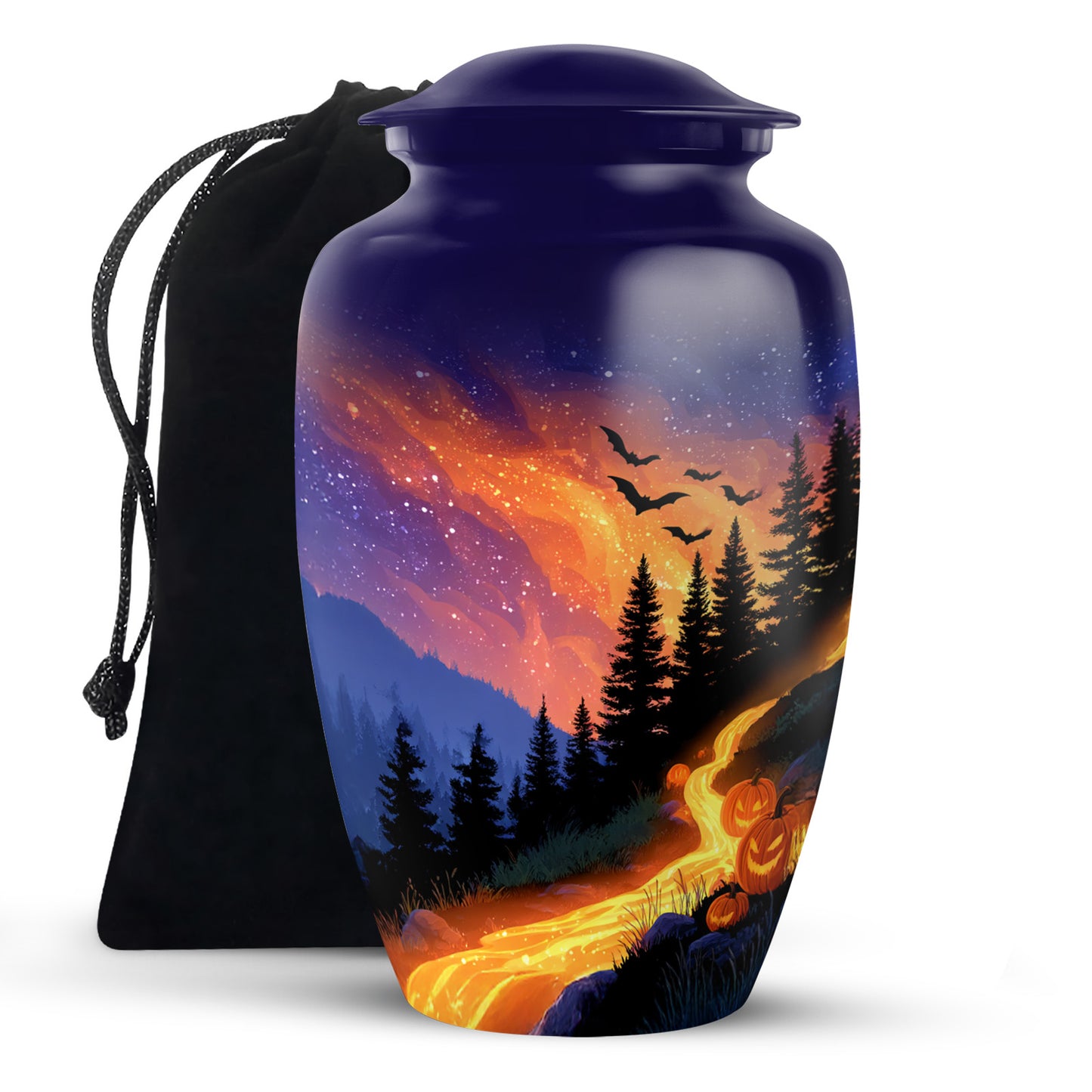 Steel Blue Halloween Cremation Urn angled view of lid and engraved motif - traditional halloween engraving with hand-polished finish - full-size 10 inch 200 cubic inch adult cremation urn