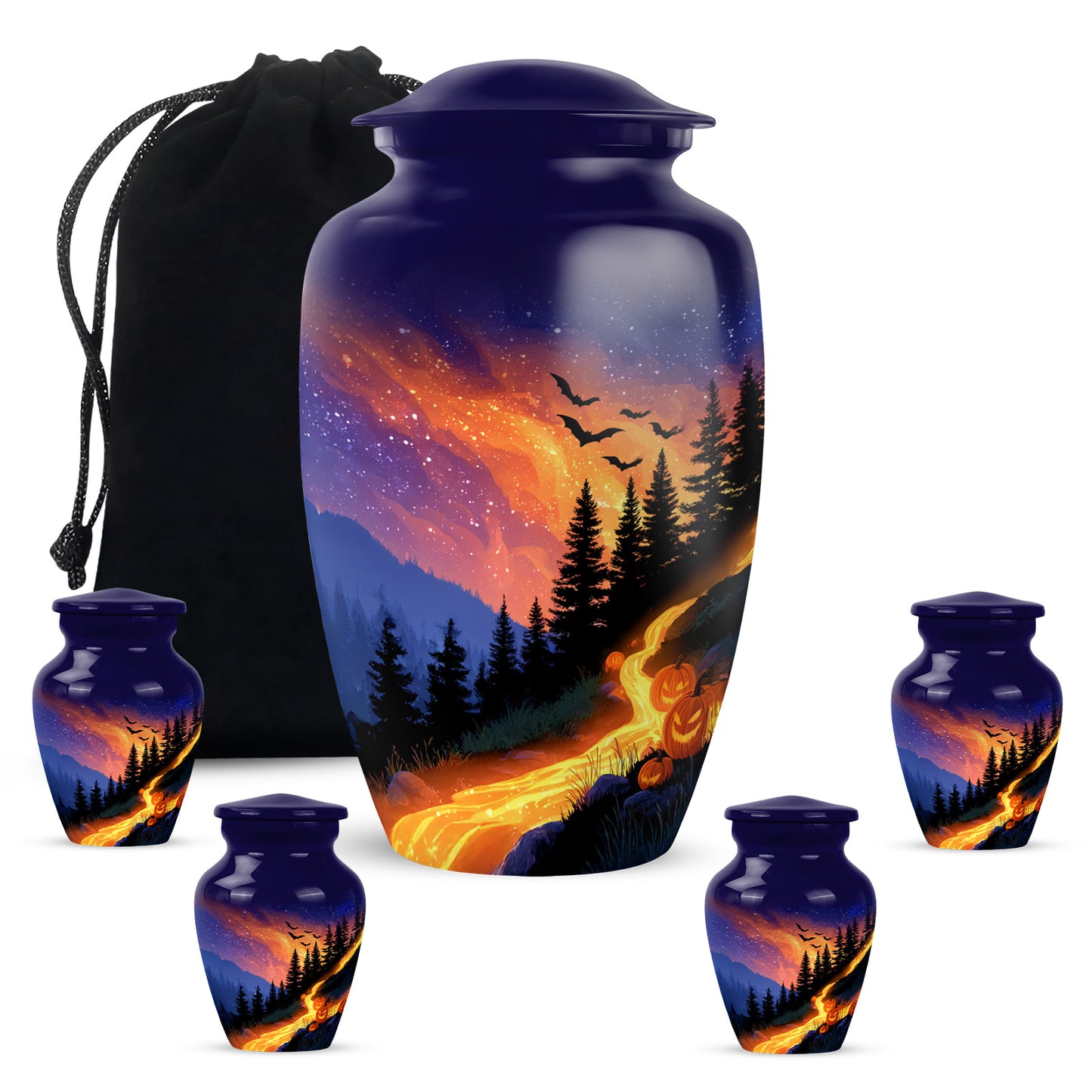 Powder Blue Halloween Cremation Urn top-down view of secure threaded lid - timeless halloween motif etched into premium metal - memorial set with one large and four small urns