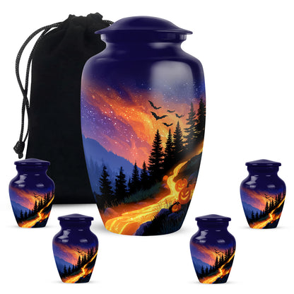 Powder Blue Halloween Cremation Urn top-down view of secure threaded lid - timeless halloween motif etched into premium metal - memorial set with one large and four small urns