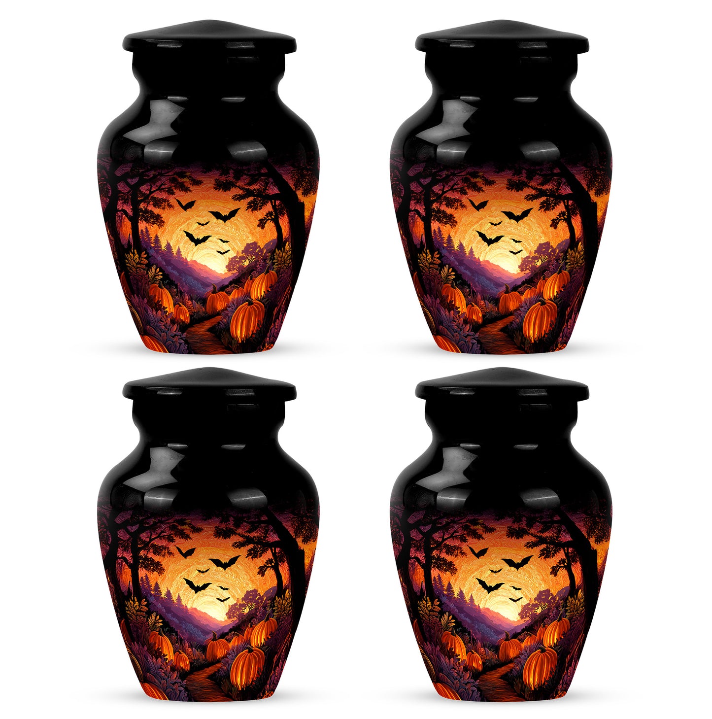Rich Black Halloween Cremation Urn side profile showing urn shape - timeless halloween motif etched into premium metal - 10 inch aluminum urn for cremated remains