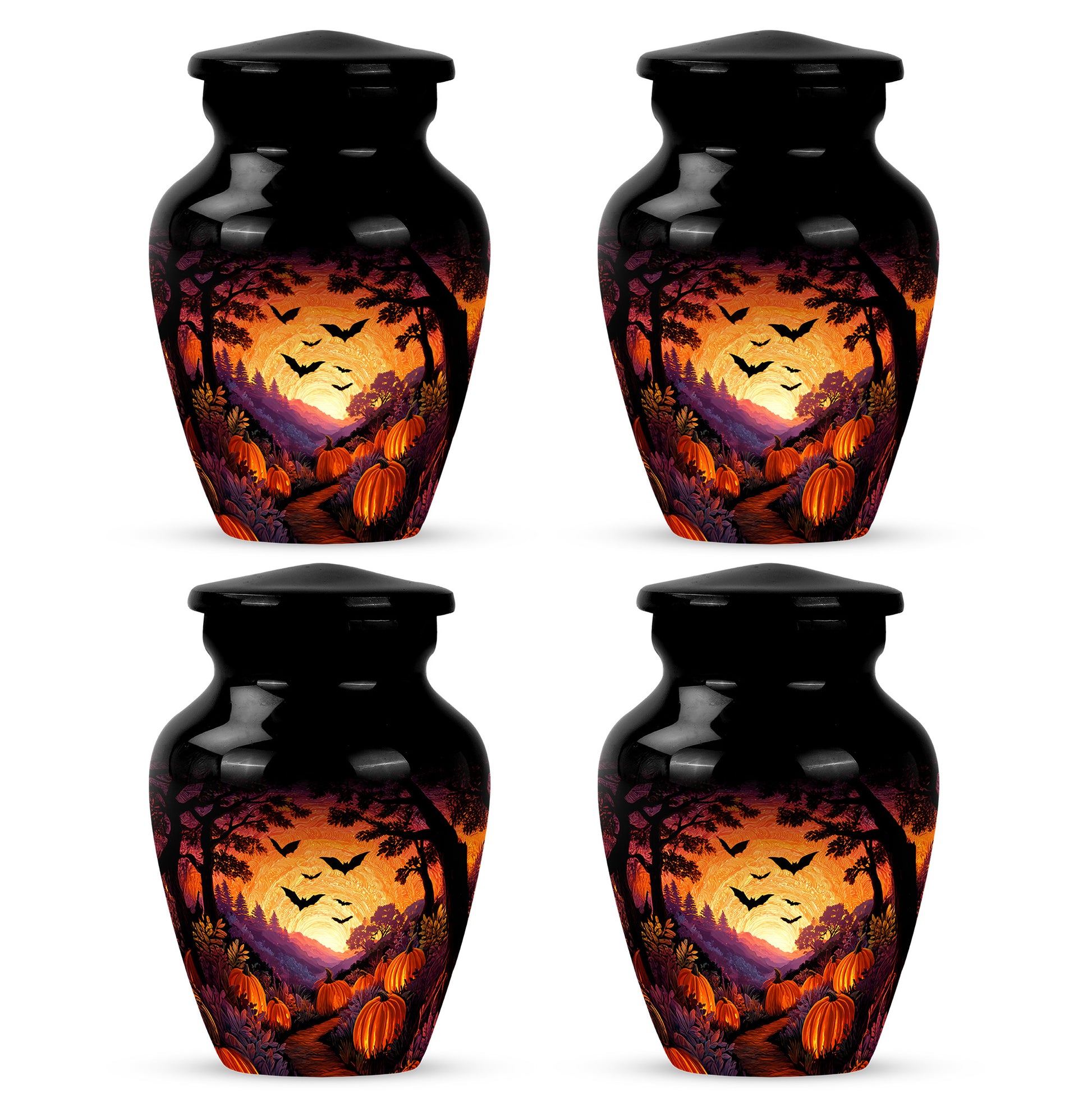 Rich Black Halloween Cremation Urn side profile showing urn shape - timeless halloween motif etched into premium metal - 10 inch aluminum urn for cremated remains