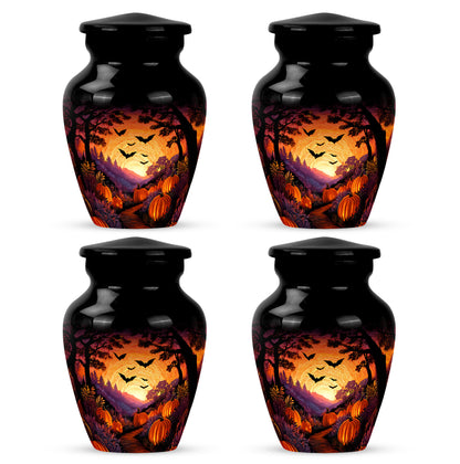Rich Black Halloween Cremation Urn side profile showing urn shape - timeless halloween motif etched into premium metal - 10 inch aluminum urn for cremated remains