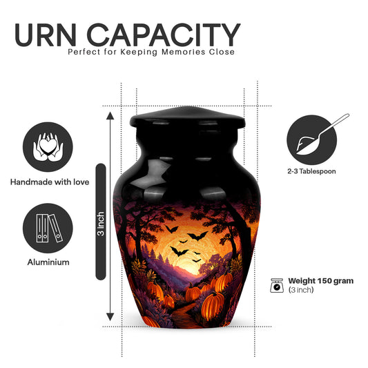 Deep Black Halloween Cremation Urn close-up of engraving and surface detail - classic sculpted halloween pattern on smooth aluminum - mini keepsake memorial for portion of cremation ashes