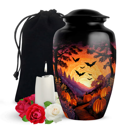 Rich Black Halloween Cremation Urn angled view of lid and engraved motif - timeless halloween motif etched into premium metal - full-size 10 inch 200 cubic inch adult cremation urn