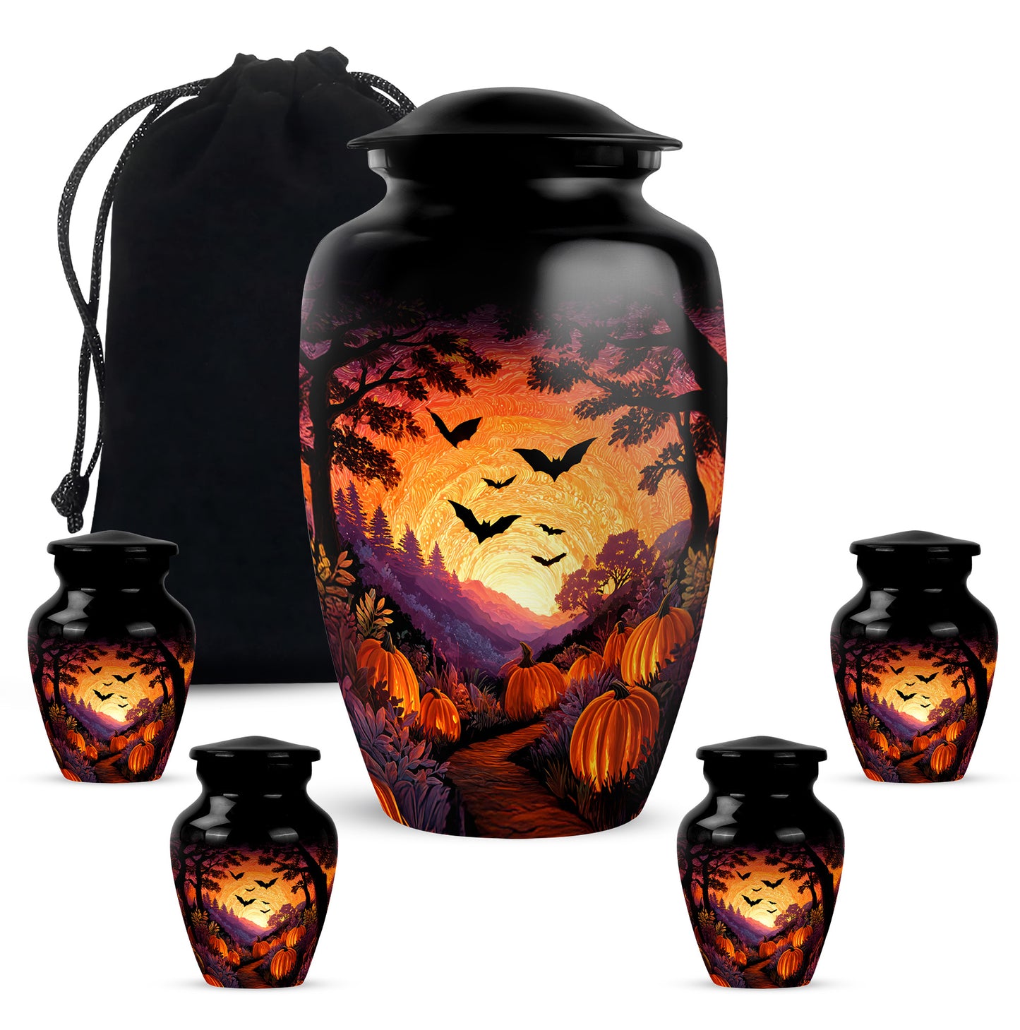 Obsidian Black Halloween Cremation Urn top-down view of secure threaded lid - elegant classic halloween relief with fine detailing - memorial set with one large and four small urns