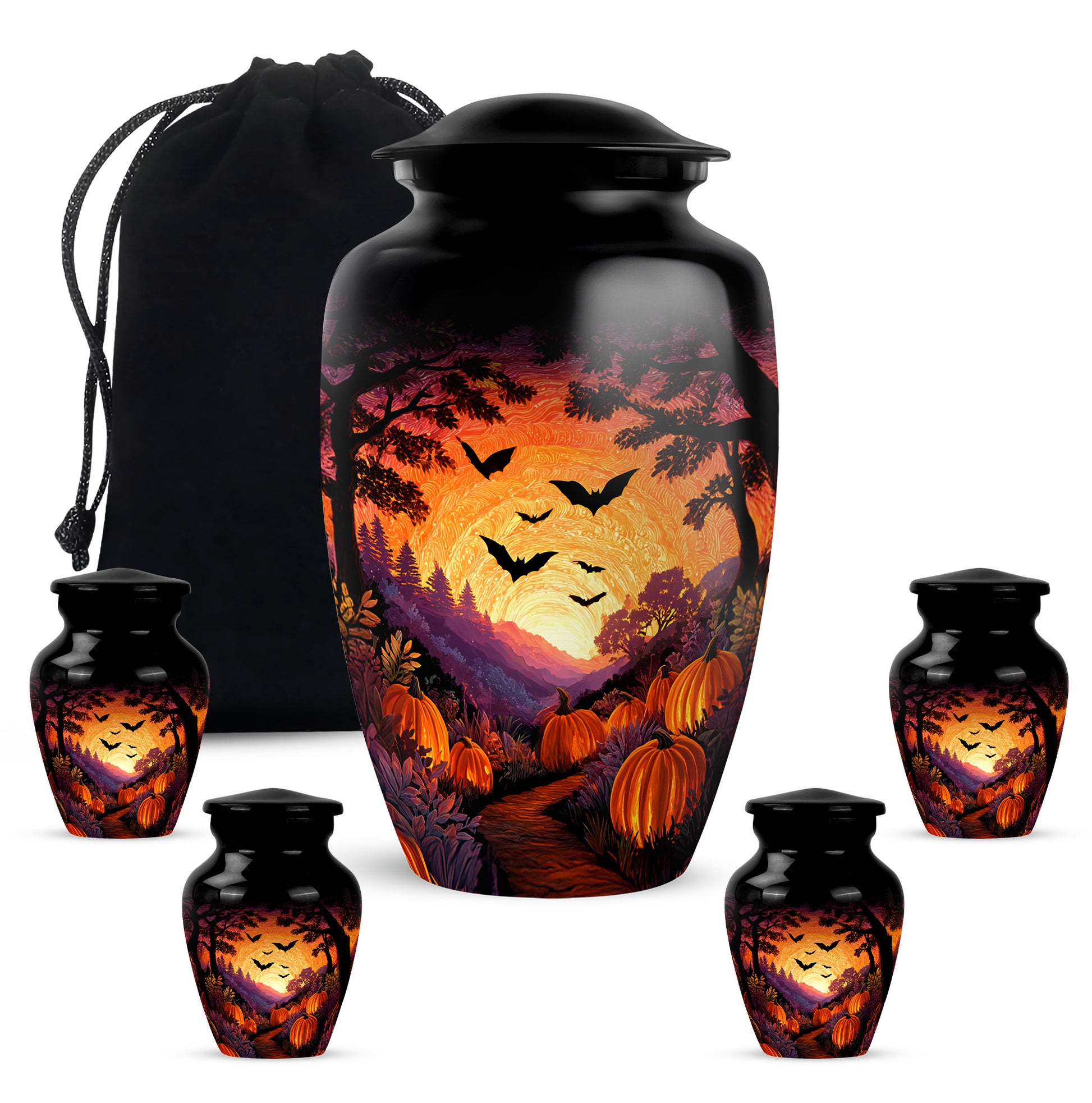 Obsidian Black Halloween Cremation Urn top-down view of secure threaded lid - elegant classic halloween relief with fine detailing - memorial set with one large and four small urns