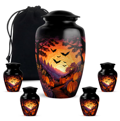 Obsidian Black Halloween Cremation Urn top-down view of secure threaded lid - elegant classic halloween relief with fine detailing - memorial set with one large and four small urns