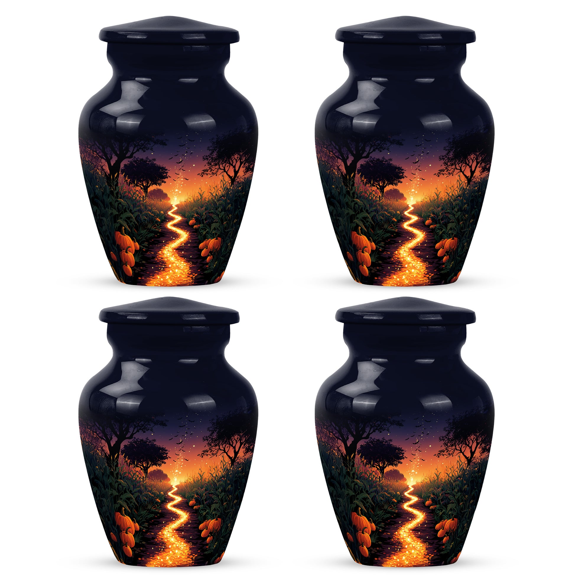 Pastel Blue Halloween Cremation Urn side profile showing urn shape - classic sculpted halloween pattern on smooth aluminum - 10 inch aluminum urn for cremated remains