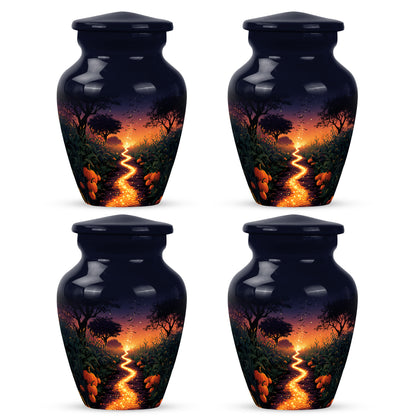 Pastel Blue Halloween Cremation Urn side profile showing urn shape - classic sculpted halloween pattern on smooth aluminum - 10 inch aluminum urn for cremated remains