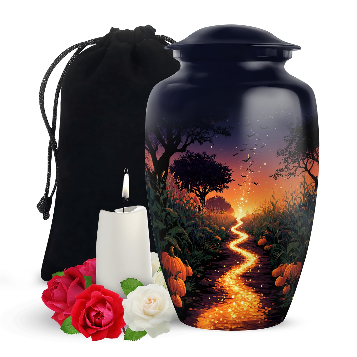 Dusty Blue Halloween Cremation Urn angled view of lid and engraved motif - timeless halloween motif etched into premium metal - full-size 10 inch 200 cubic inch adult cremation urn