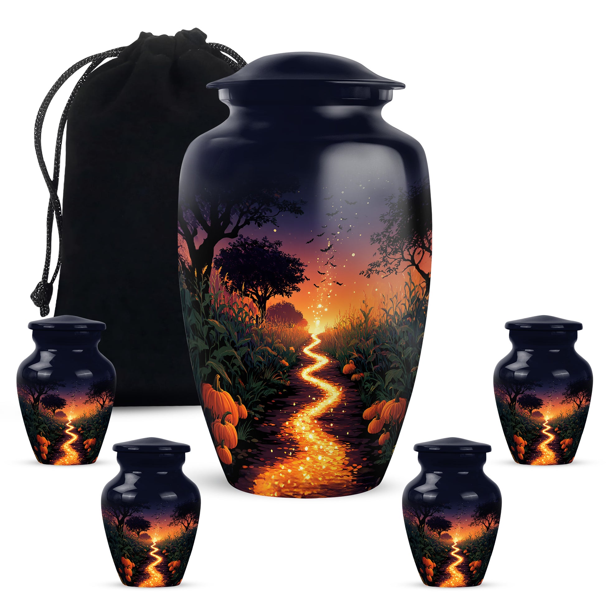 Soft Blue Halloween Cremation Urn top-down view of secure threaded lid - traditional halloween engraving with hand-polished finish - memorial set with one large and four small urns