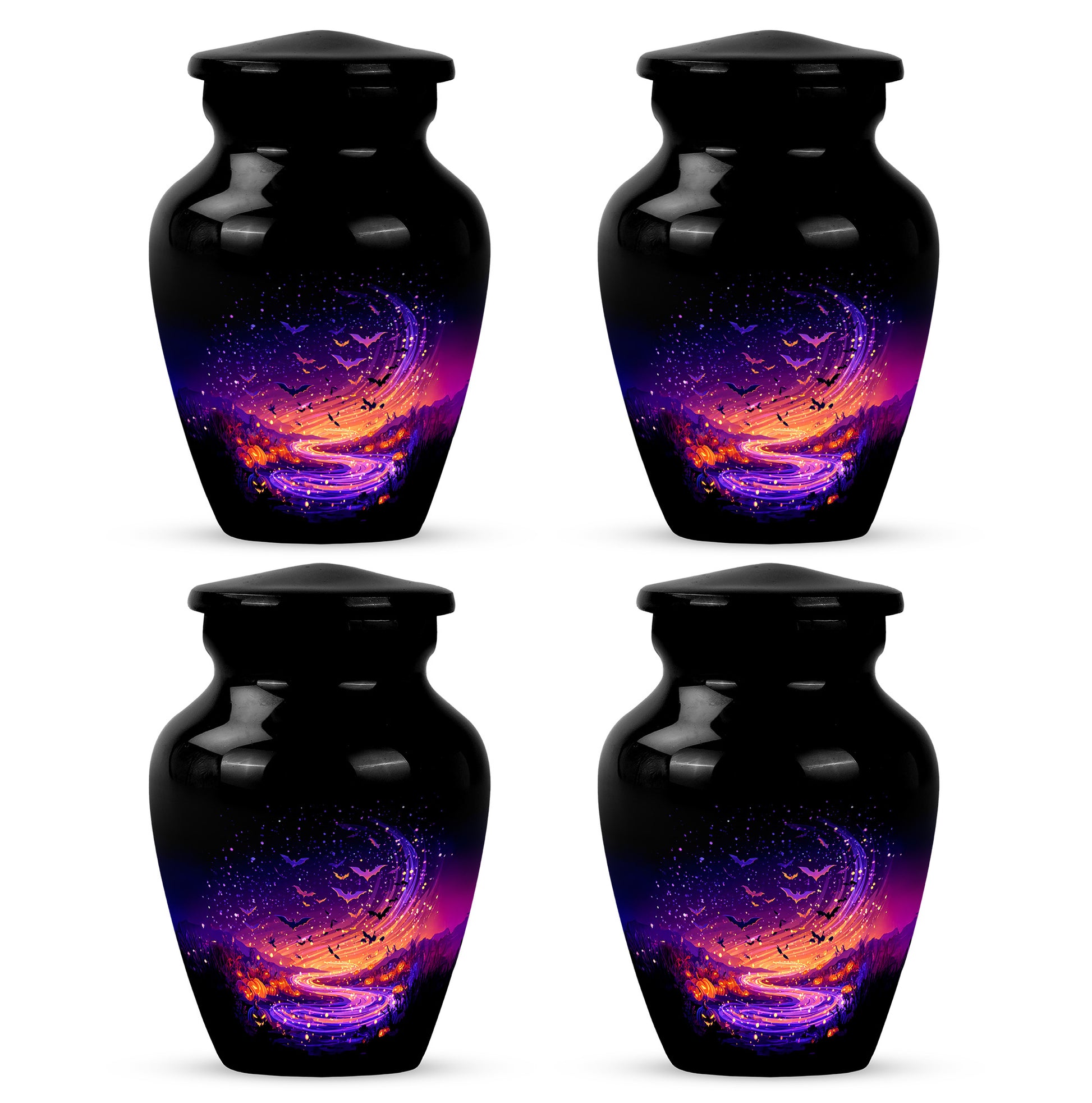 Ebony Halloween Cremation Urn side profile showing urn shape - classic sculpted halloween pattern on smooth aluminum - 10 inch aluminum urn for cremated remains