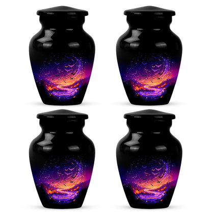 Ebony Halloween Cremation Urn side profile showing urn shape - classic sculpted halloween pattern on smooth aluminum - 10 inch aluminum urn for cremated remains