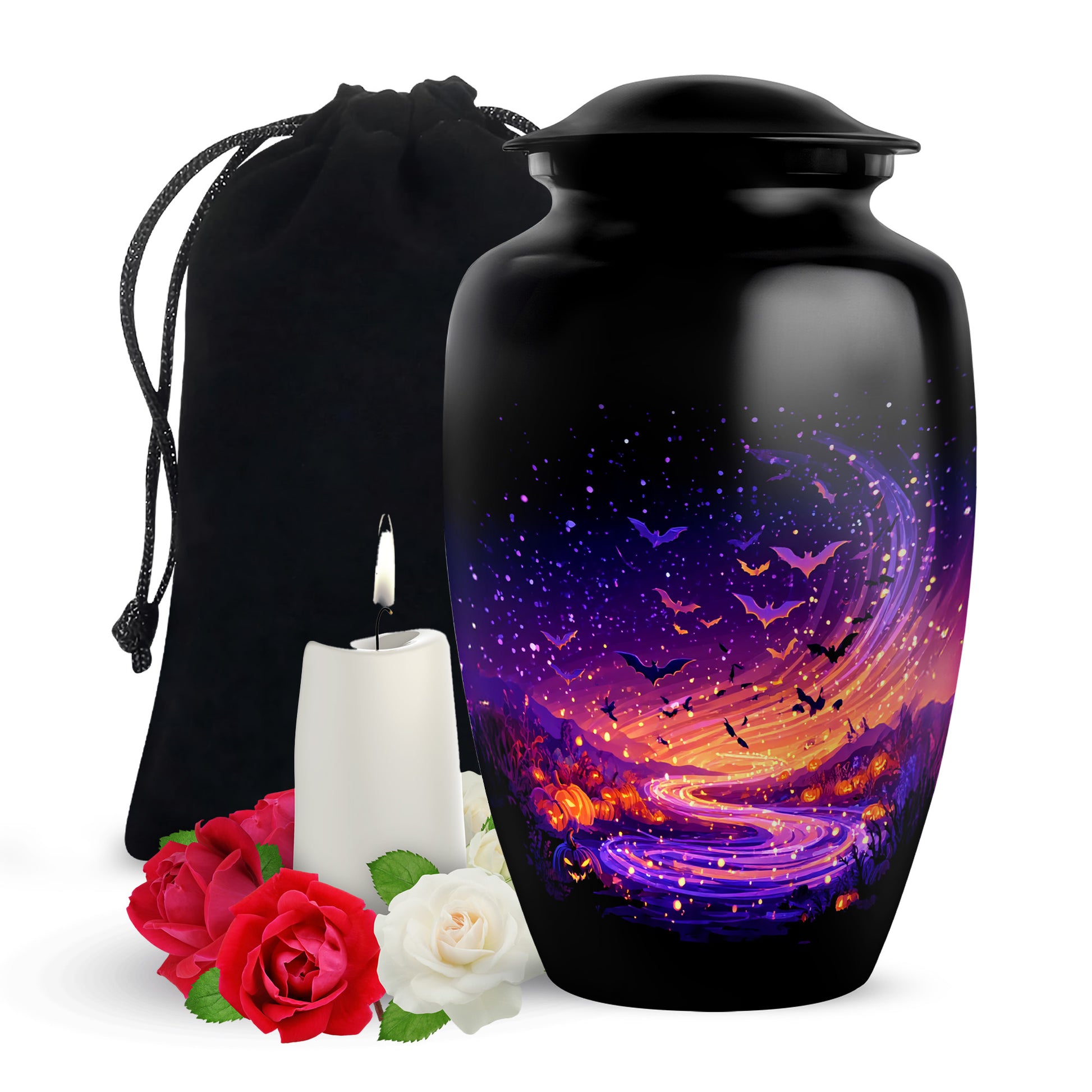 Deep Black Halloween Cremation Urn angled view of lid and engraved motif - classic sculpted halloween pattern on smooth aluminum - full-size 10 inch 200 cubic inch adult cremation urn