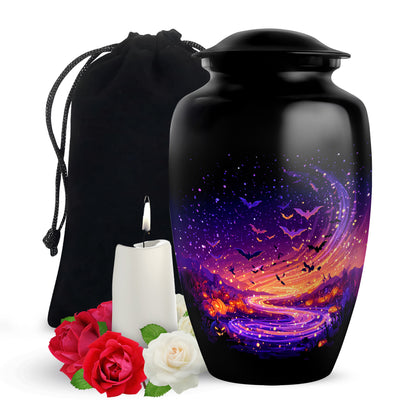 Deep Black Halloween Cremation Urn angled view of lid and engraved motif - classic sculpted halloween pattern on smooth aluminum - full-size 10 inch 200 cubic inch adult cremation urn