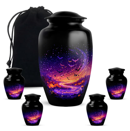 Midnight Black Halloween Cremation Urn top-down view of secure threaded lid - elegant classic halloween relief with fine detailing - memorial set with one large and four small urns