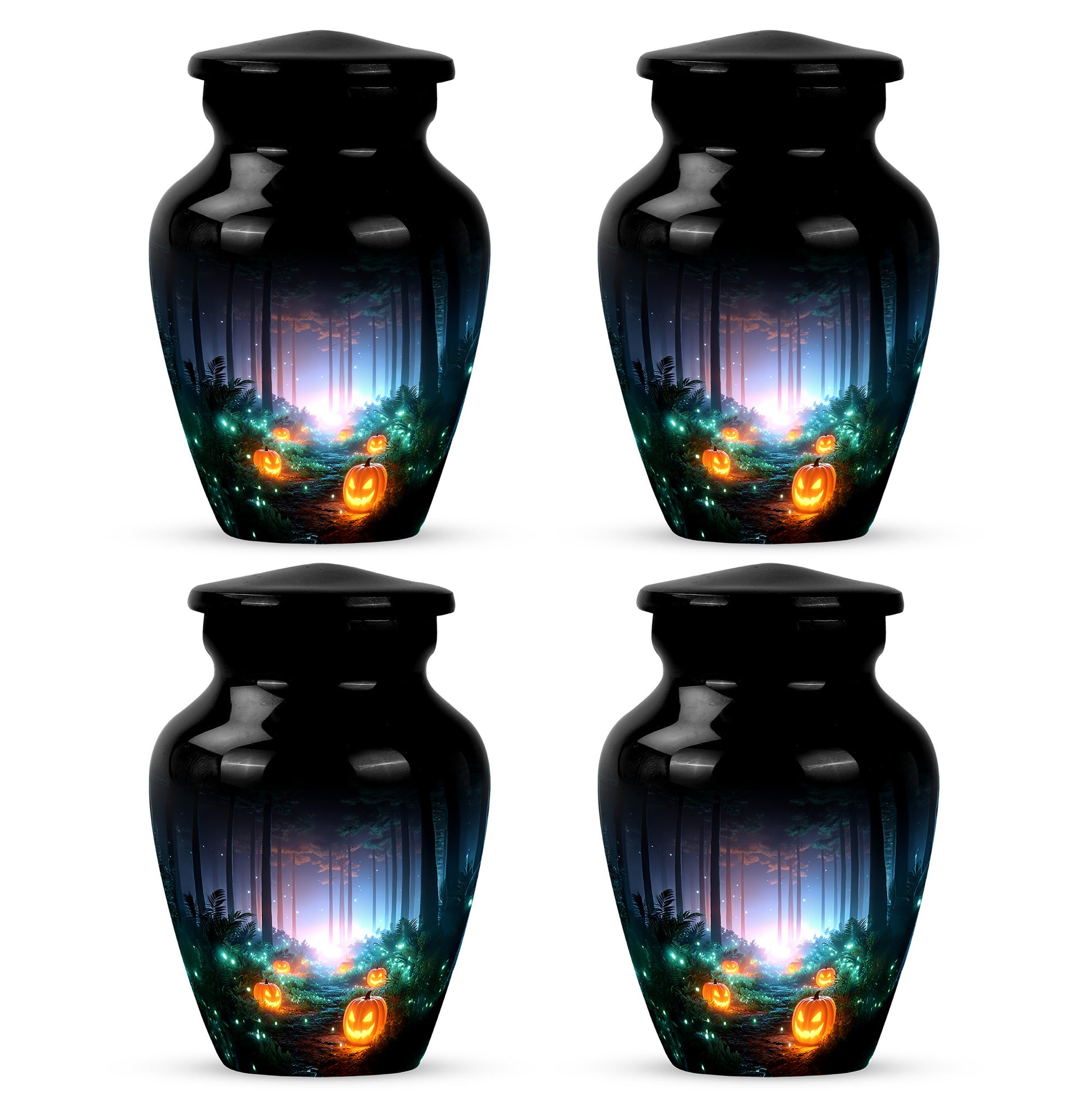 Rich Black Halloween Cremation Urn side profile showing urn shape - classic sculpted halloween pattern on smooth aluminum - 10 inch aluminum urn for cremated remains