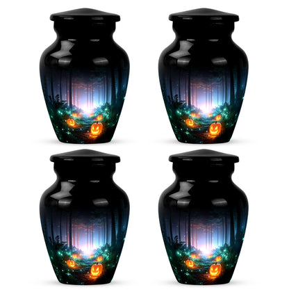 Rich Black Halloween Cremation Urn side profile showing urn shape - classic sculpted halloween pattern on smooth aluminum - 10 inch aluminum urn for cremated remains