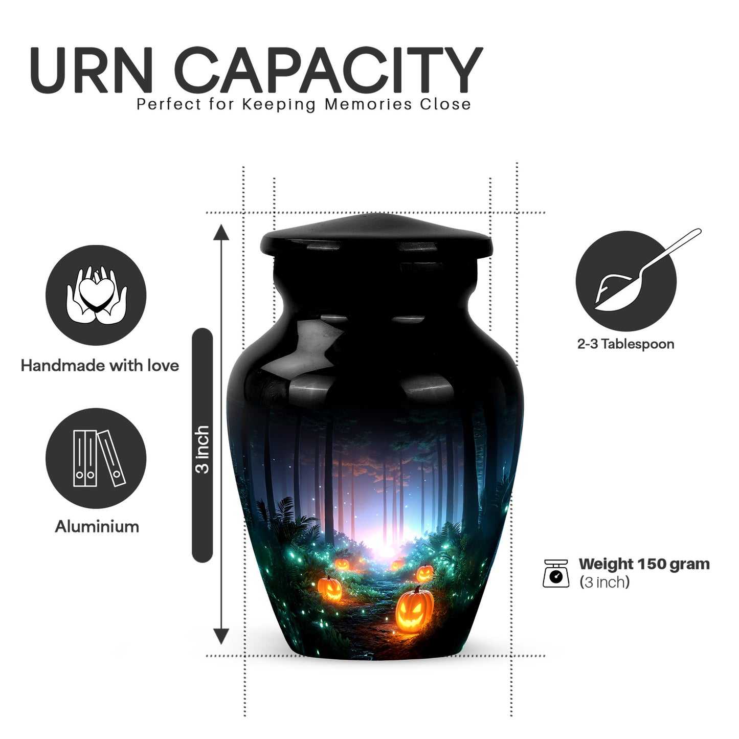 Charcoal Black Halloween Cremation Urn close-up of engraving and surface detail - traditional halloween engraving with hand-polished finish - mini keepsake memorial for portion of cremation ashes