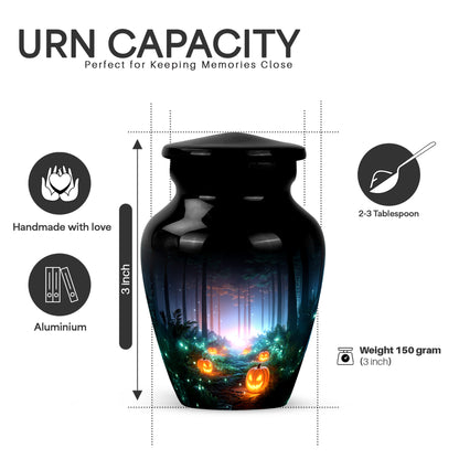 Charcoal Black Halloween Cremation Urn close-up of engraving and surface detail - traditional halloween engraving with hand-polished finish - mini keepsake memorial for portion of cremation ashes