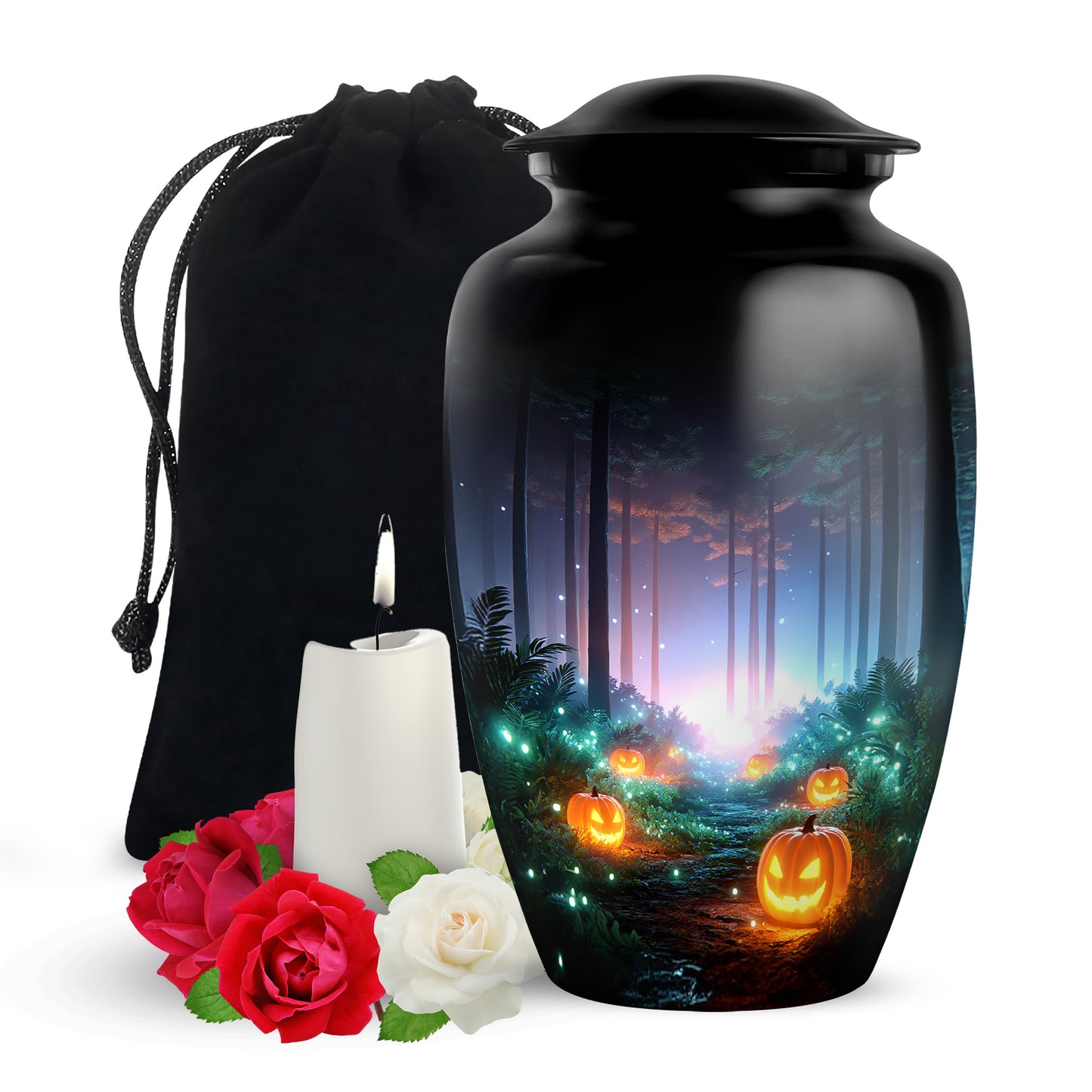 Obsidian Black Halloween Cremation Urn angled view of lid and engraved motif - elegant classic halloween relief with fine detailing - full-size 10 inch 200 cubic inch adult cremation urn